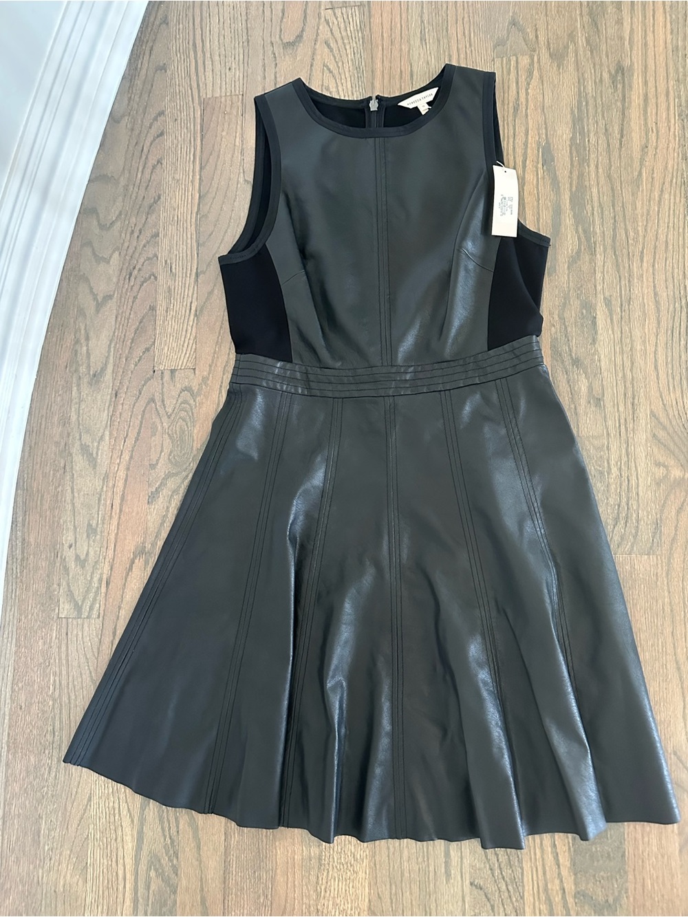 Rebecca Taylor Black Sleeveless Faux Leather Fit-and-Flare Dress